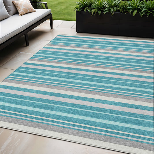 Tabselect Home Line 5' X 8' Teal Blue Gray And Ivory Striped Washable Indoor Outdoor Area Rug