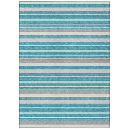 Tabselect Home Line 5' X 8' Teal Blue Gray And Ivory Striped Washable Indoor Outdoor Area Rug