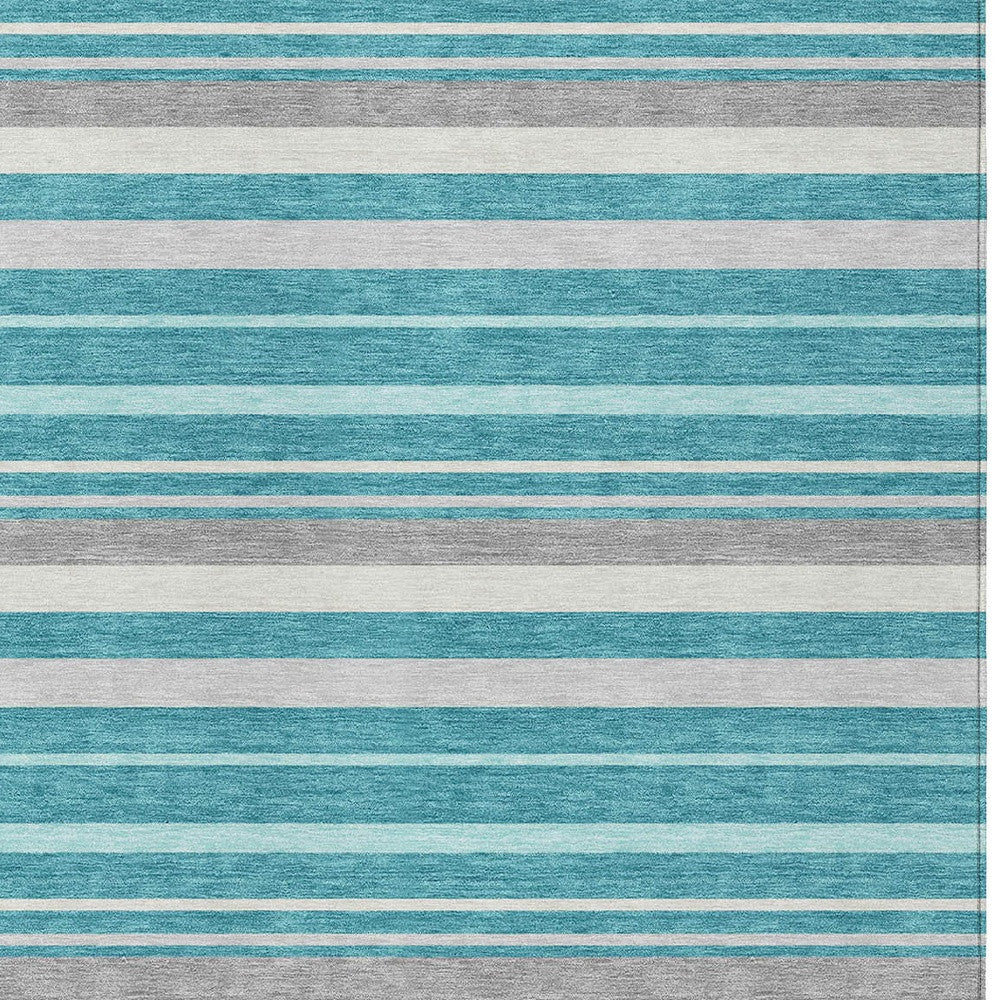Tabselect Home Line 5' X 8' Teal Blue Gray And Ivory Striped Washable Indoor Outdoor Area Rug