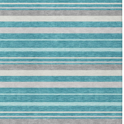 Tabselect Home Line 5' X 8' Teal Blue Gray And Ivory Striped Washable Indoor Outdoor Area Rug