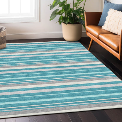 Tabselect Home Line 5' X 8' Teal Blue Gray And Ivory Striped Washable Indoor Outdoor Area Rug