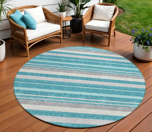 Tabselect Home Line 8' Teal Blue Gray And Ivory Round Striped Washable Indoor Outdoor Area Rug