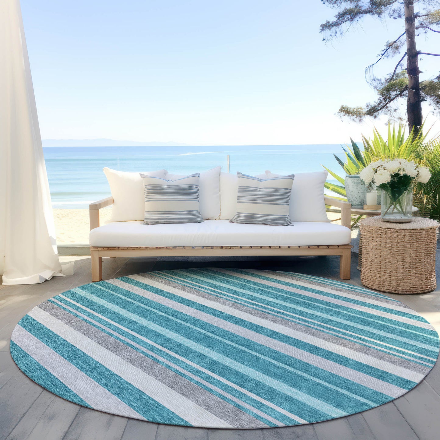 Tabselect Home Line 8' Teal Blue Gray And Ivory Round Striped Washable Indoor Outdoor Area Rug