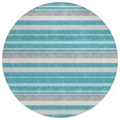 Tabselect Home Line 8' Teal Blue Gray And Ivory Round Striped Washable Indoor Outdoor Area Rug