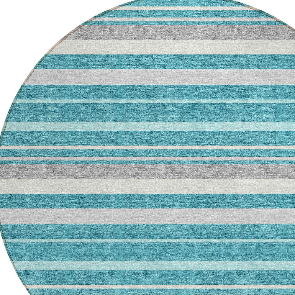 Tabselect Home Line 8' Teal Blue Gray And Ivory Round Striped Washable Indoor Outdoor Area Rug