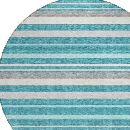 Tabselect Home Line 8' Teal Blue Gray And Ivory Round Striped Washable Indoor Outdoor Area Rug