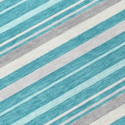 Tabselect Home Line 8' Teal Blue Gray And Ivory Round Striped Washable Indoor Outdoor Area Rug
