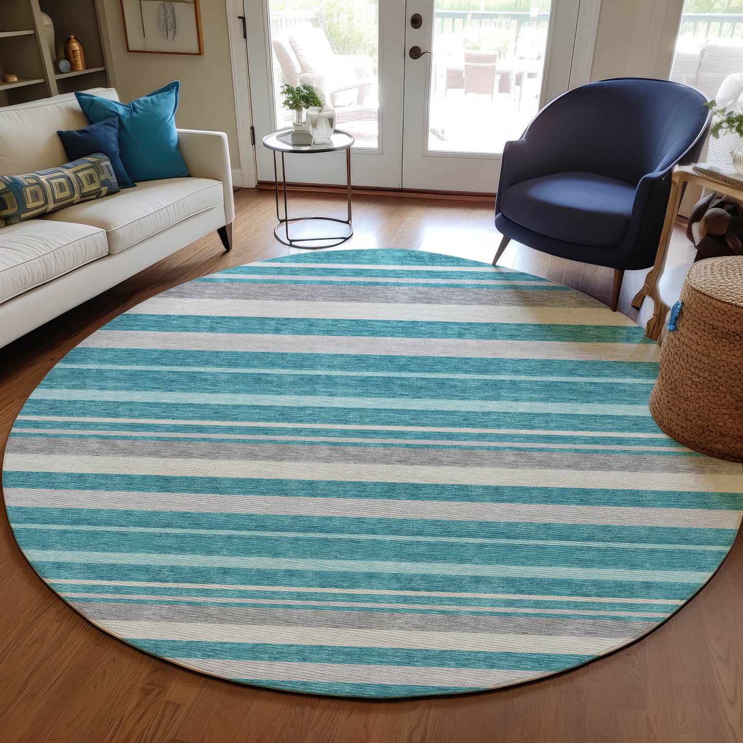 Tabselect Home Line 8' Teal Blue Gray And Ivory Round Striped Washable Indoor Outdoor Area Rug
