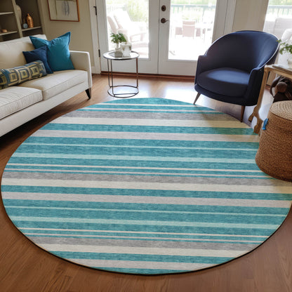 Tabselect Home Line 8' Teal Blue Gray And Ivory Round Striped Washable Indoor Outdoor Area Rug