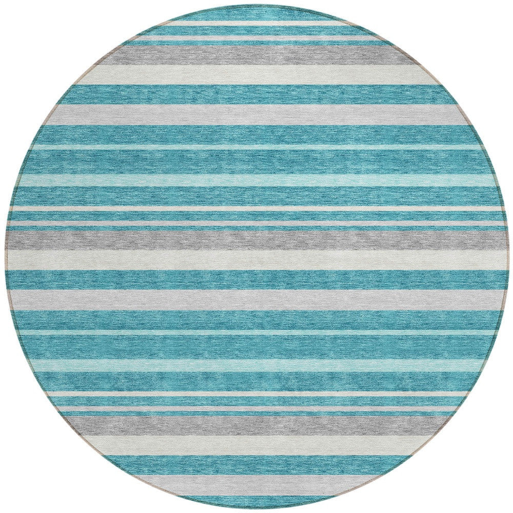 Tabselect Home Line 8' Teal Blue Gray And Ivory Round Striped Washable Indoor Outdoor Area Rug
