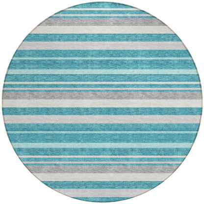 Tabselect Home Line 8' Teal Blue Gray And Ivory Round Striped Washable Indoor Outdoor Area Rug