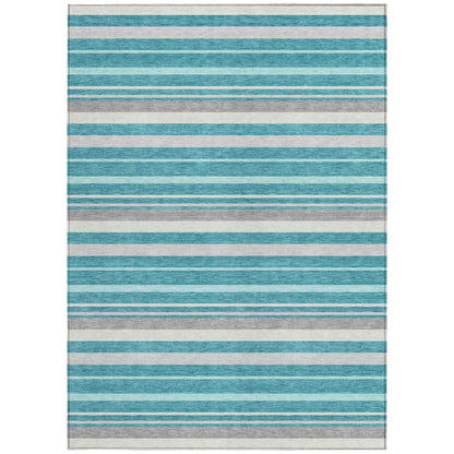 Tabselect Home Line 8' X 10' Teal Blue Gray And Ivory Striped Washable Indoor Outdoor Area Rug