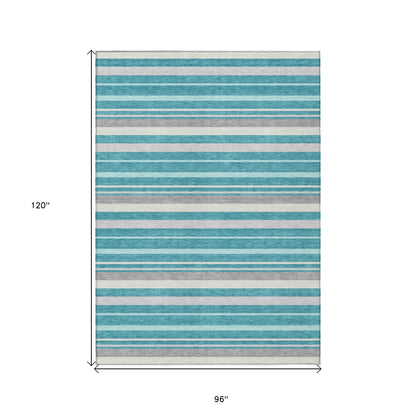 Tabselect Home Line 8' X 10' Teal Blue Gray And Ivory Striped Washable Indoor Outdoor Area Rug