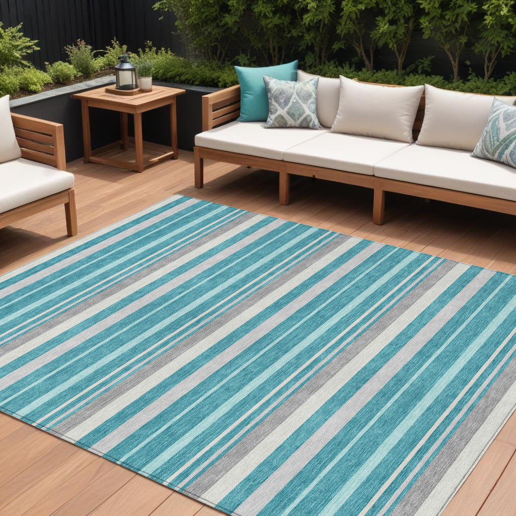 Tabselect Home Line 8' X 10' Teal Blue Gray And Ivory Striped Washable Indoor Outdoor Area Rug