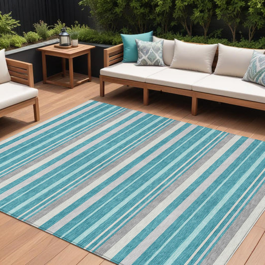 Tabselect Home Line 8' X 10' Teal Blue Gray And Ivory Striped Washable Indoor Outdoor Area Rug