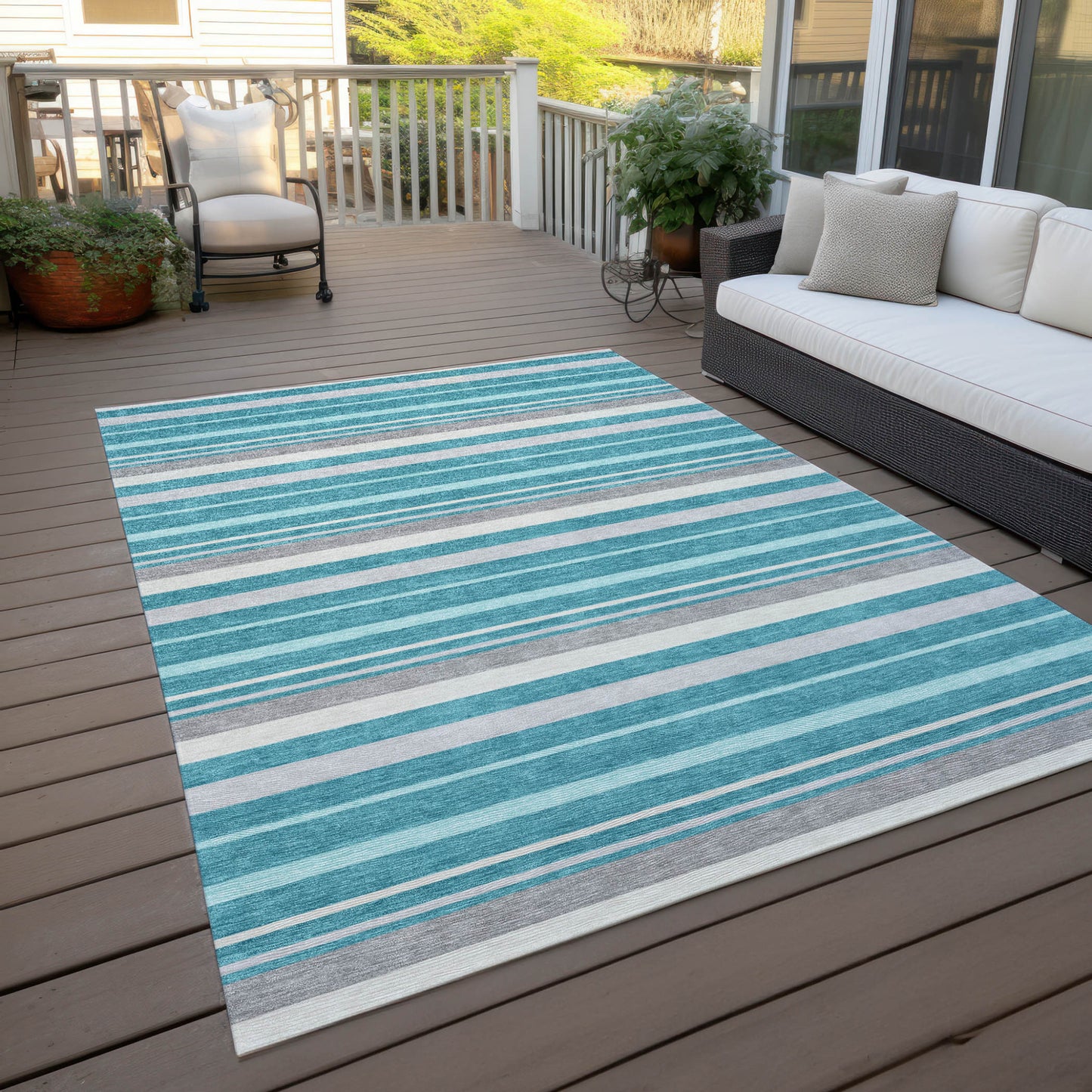 Tabselect Home Line 8' X 10' Teal Blue Gray And Ivory Striped Washable Indoor Outdoor Area Rug