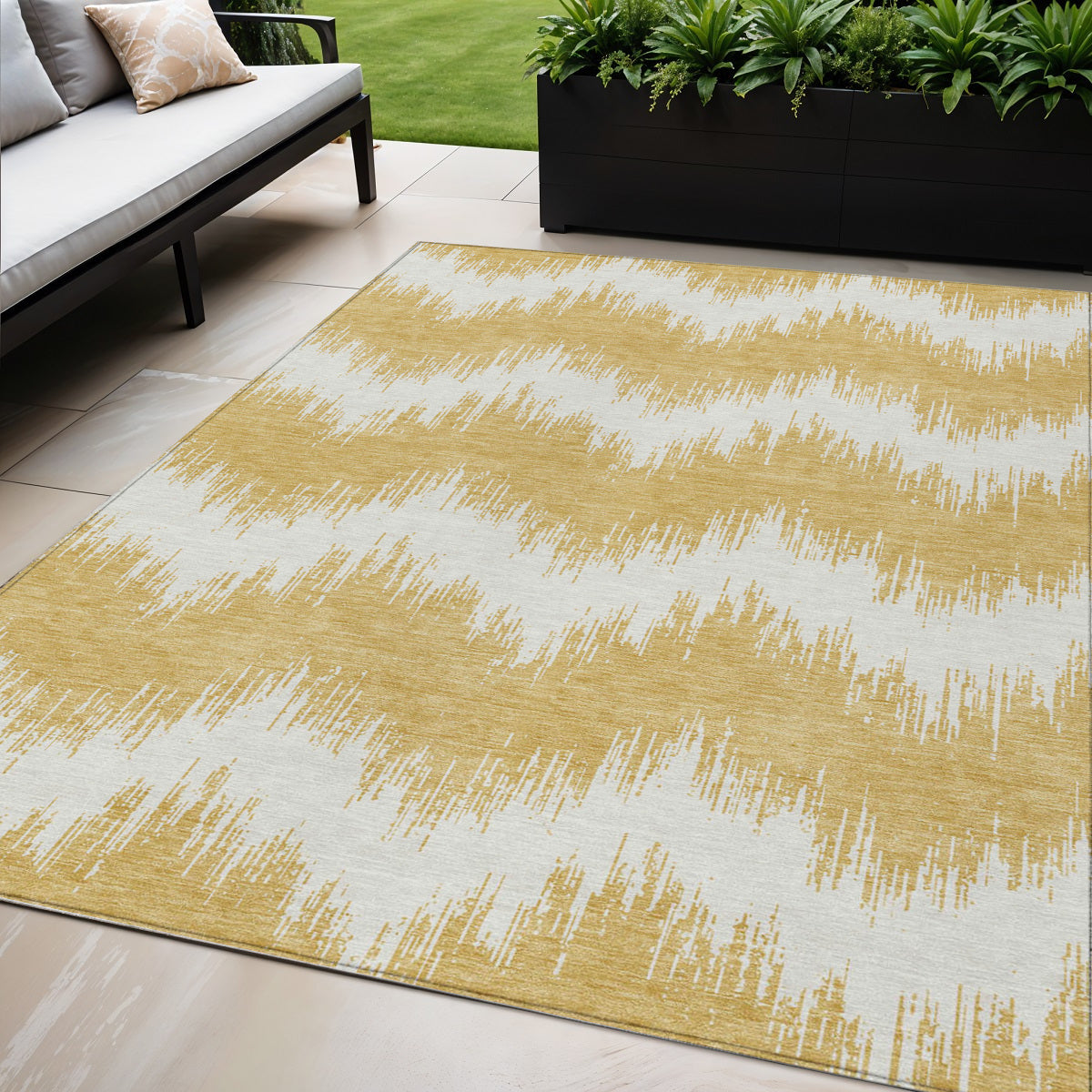 Tabselect Home Line 5' X 8' Gold And Ivory Chevron Washable Indoor Outdoor Area Rug
