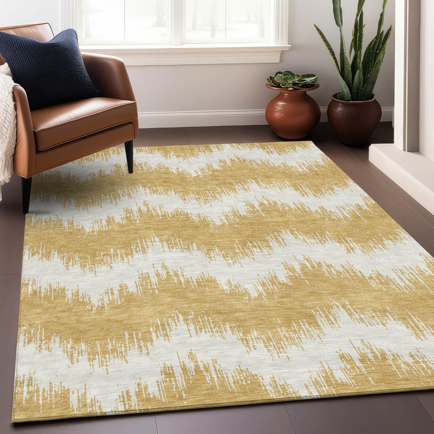 Tabselect Home Line 8' X 10' Gold And Ivory Chevron Washable Indoor Outdoor Area Rug