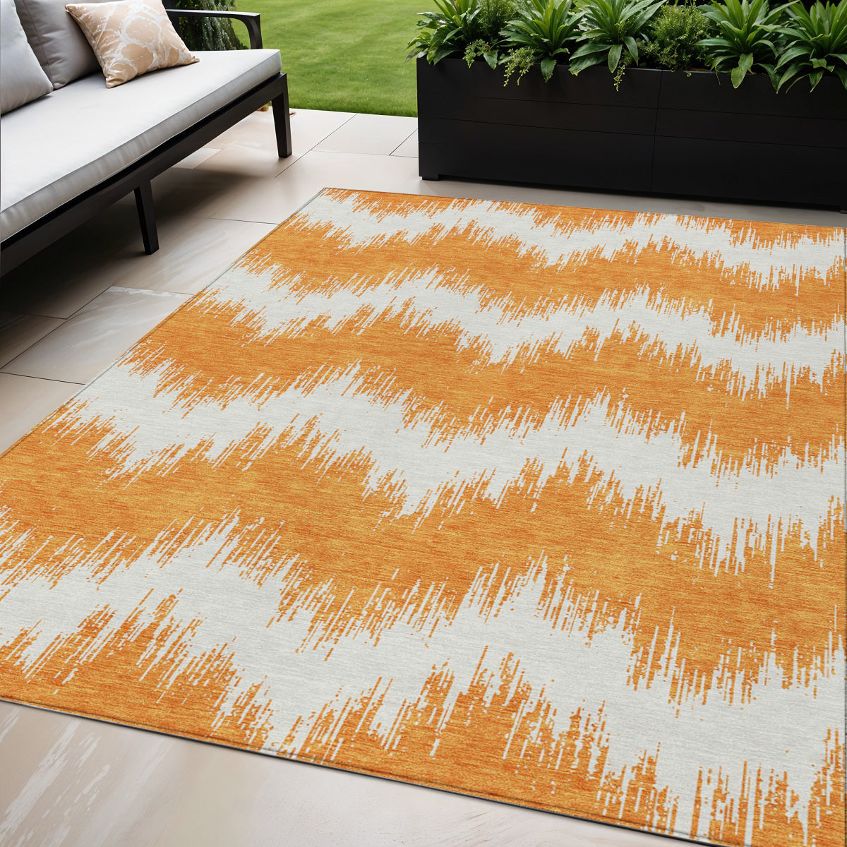 Tabselect Home Line 5' X 8' Orange And Ivory Chevron Washable Indoor Outdoor Area Rug
