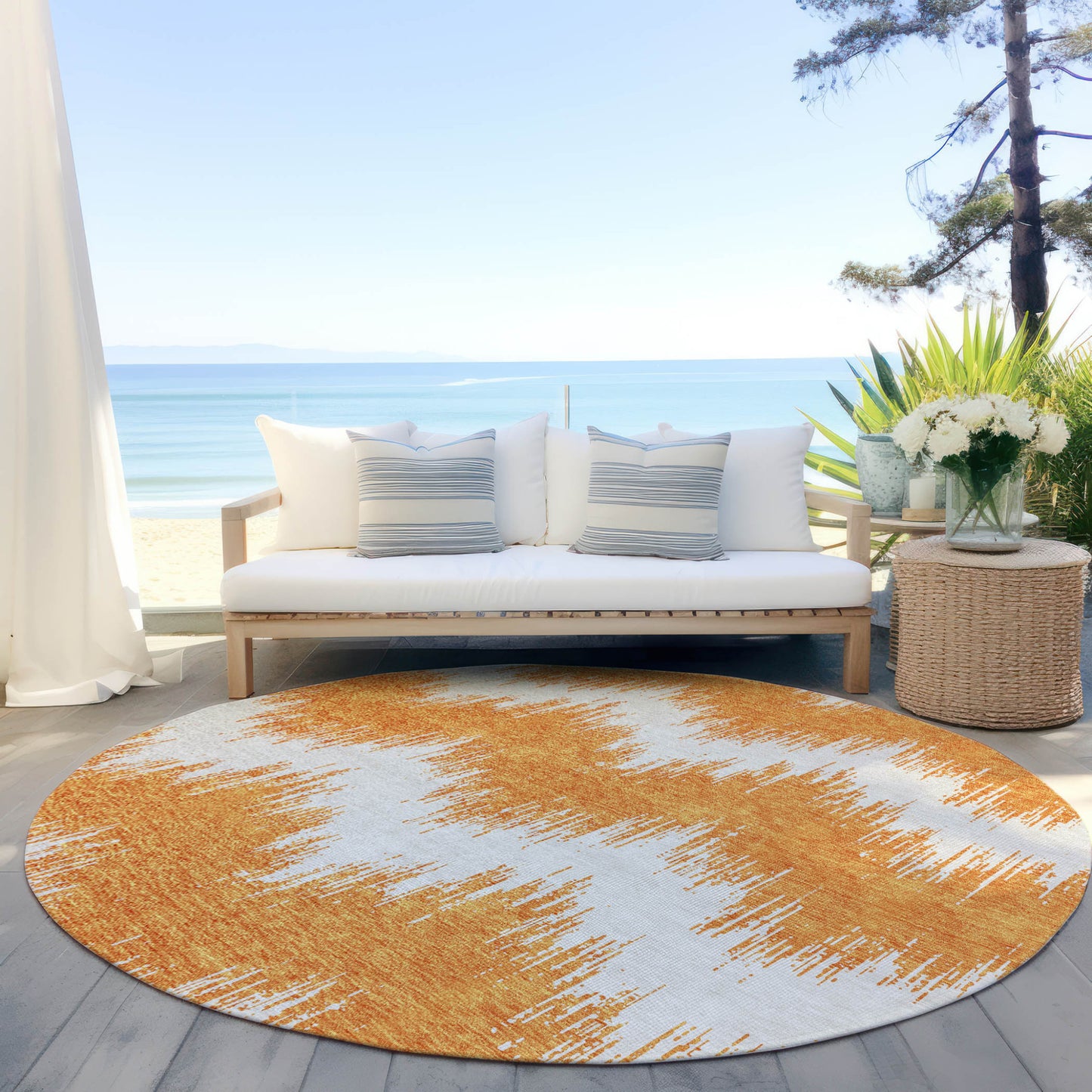 Tabselect Home Line 8' Orange And Ivory Round Chevron Washable Indoor Outdoor Area Rug
