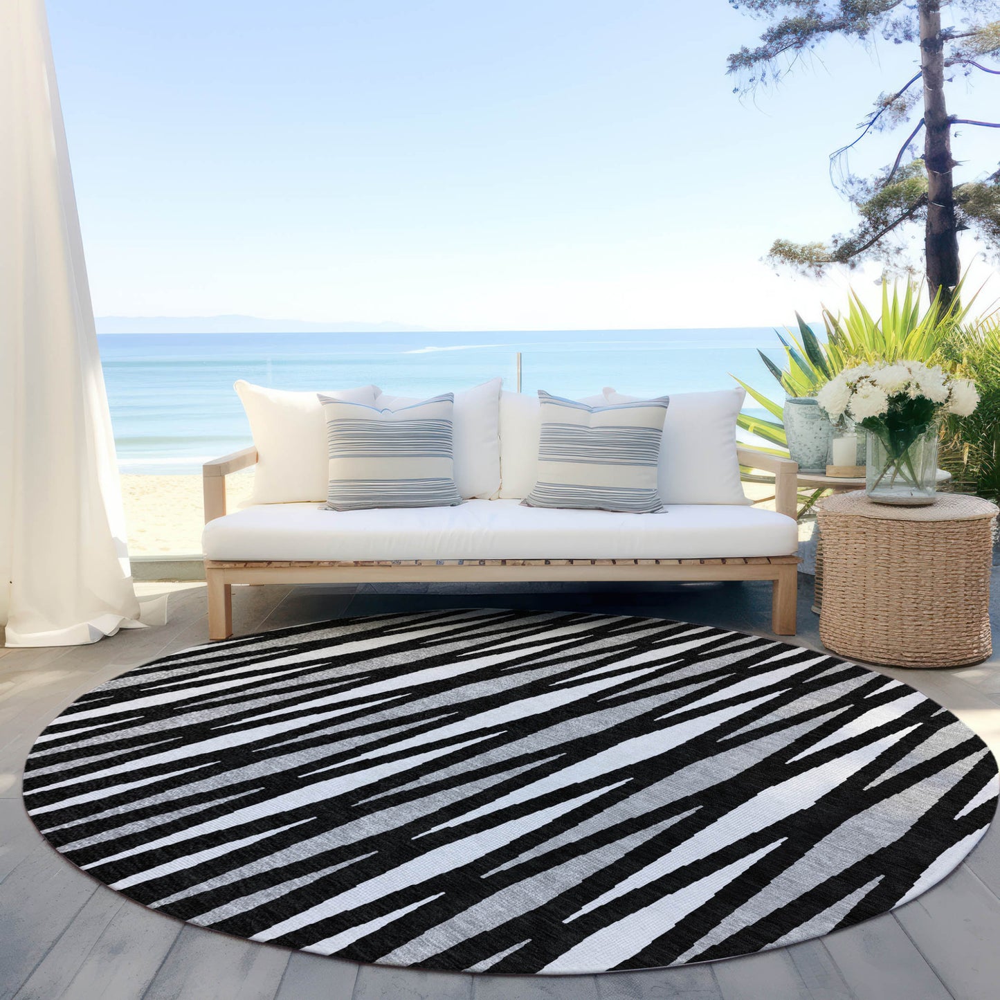 Tabselect Home Line 8' Black Ivory And Gray Round Geometric Washable Indoor Outdoor Area Rug