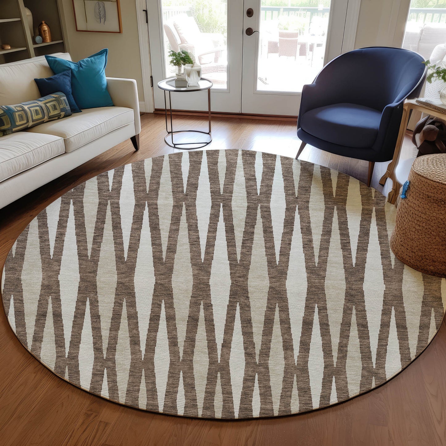 Tabselect Home Line 8' Brown And Ivory Round Geometric Washable Indoor Outdoor Area Rug