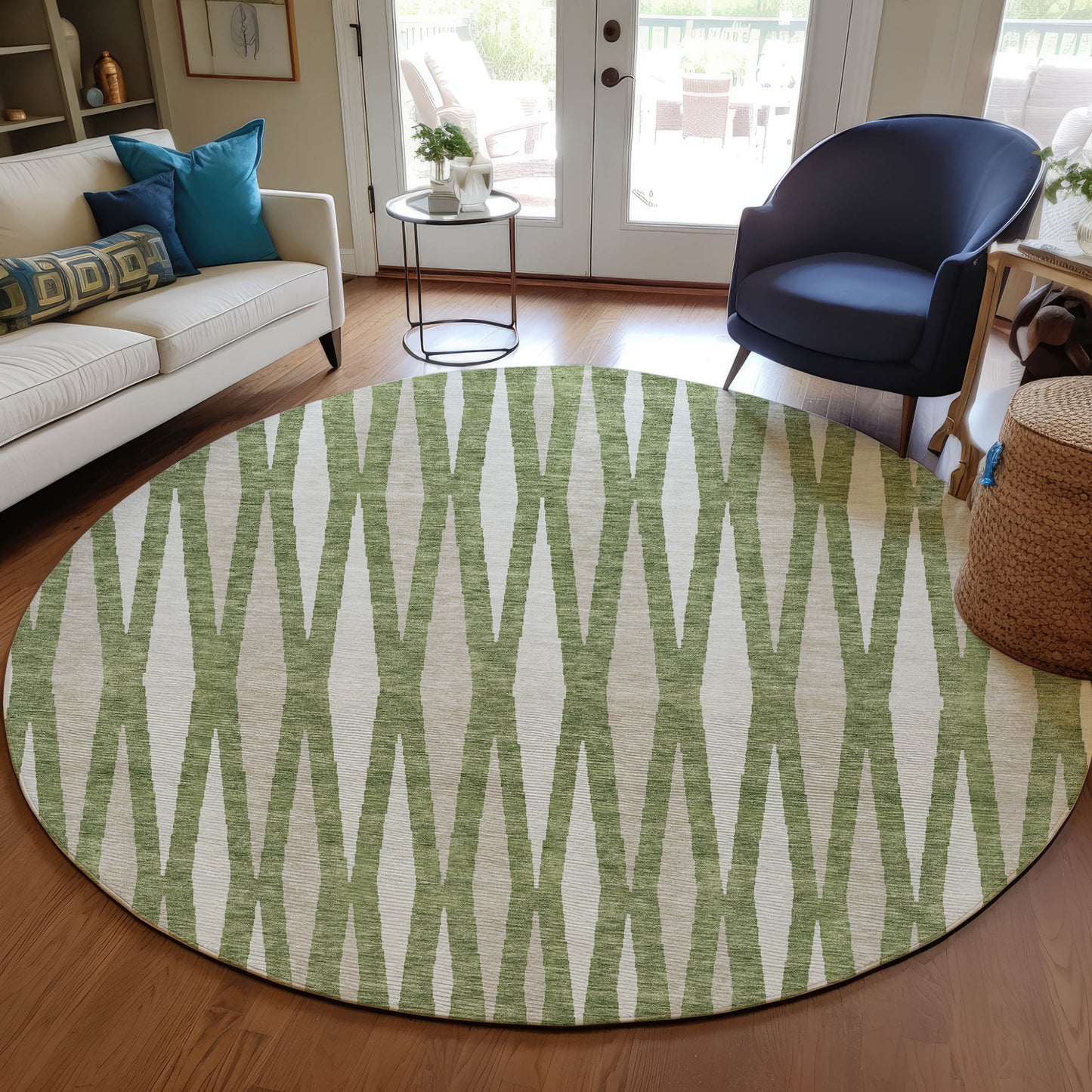 Tabselect Home Line 8' Green And Ivory Round Geometric Washable Indoor Outdoor Area Rug