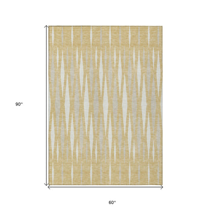 Tabselect Home Line 5' X 8' Gold Gray And Ivory Geometric Washable Indoor Outdoor Area Rug