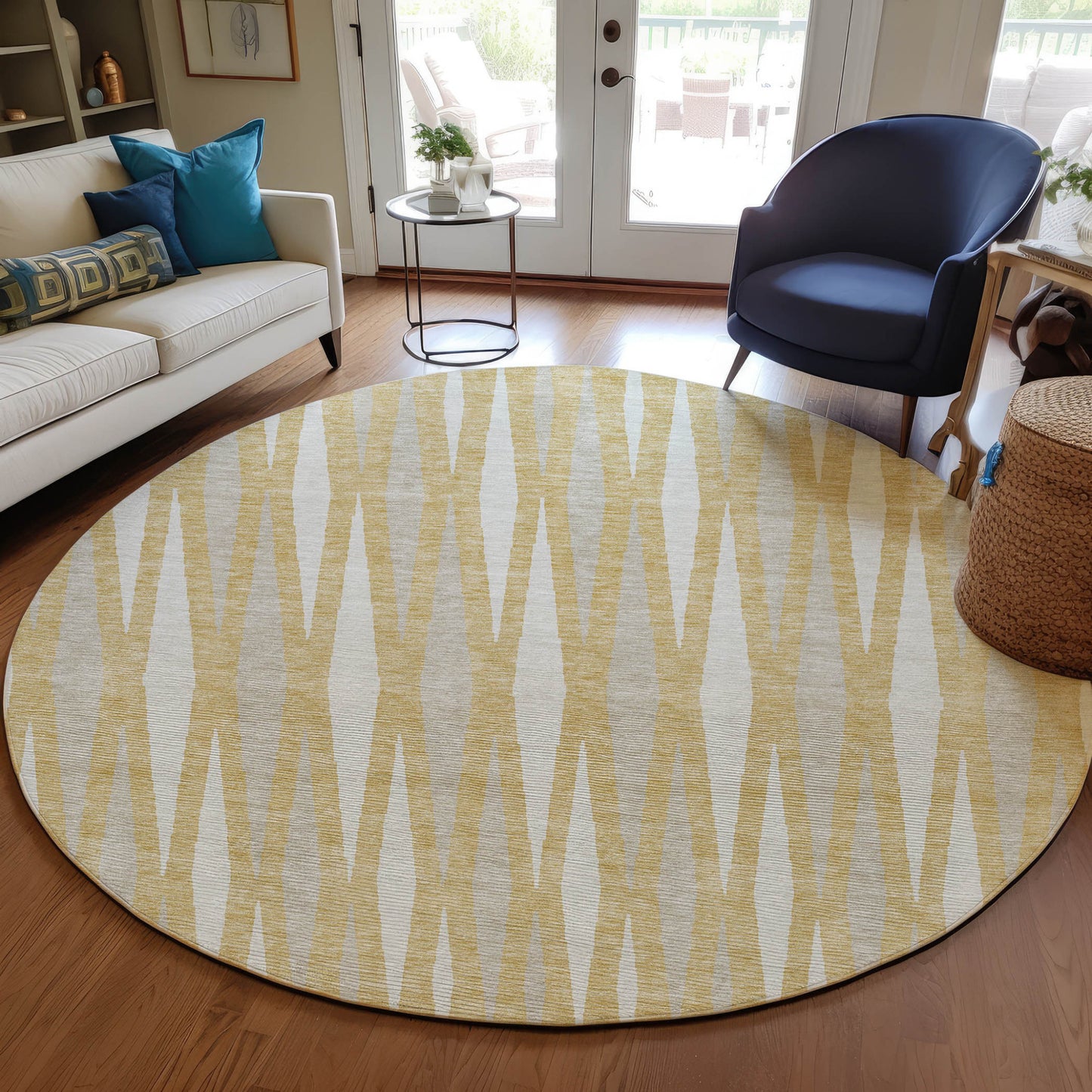 Tabselect Home Line 8' Gold Gray And Ivory Round Geometric Washable Indoor Outdoor Area Rug