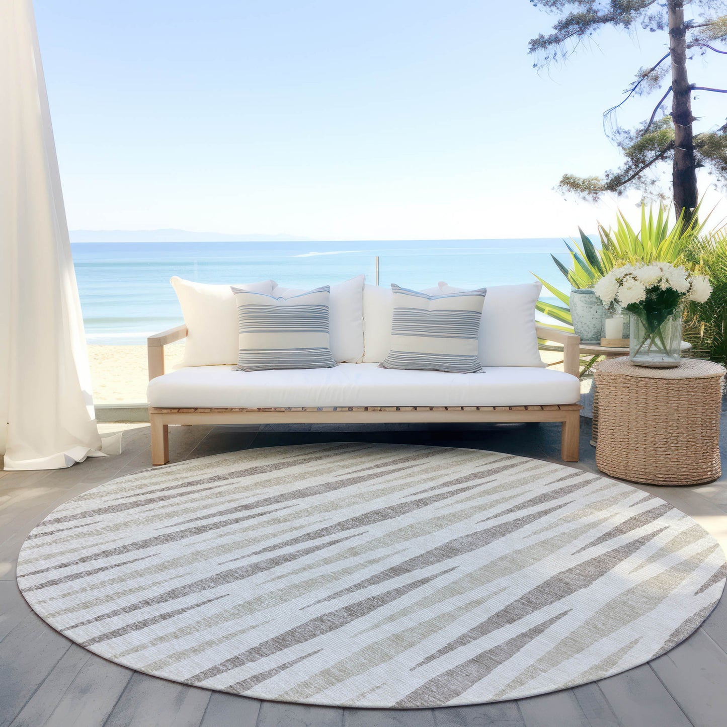 Tabselect Home Line 8' Ivory Brown And Beige Round Geometric Washable Indoor Outdoor Area Rug
