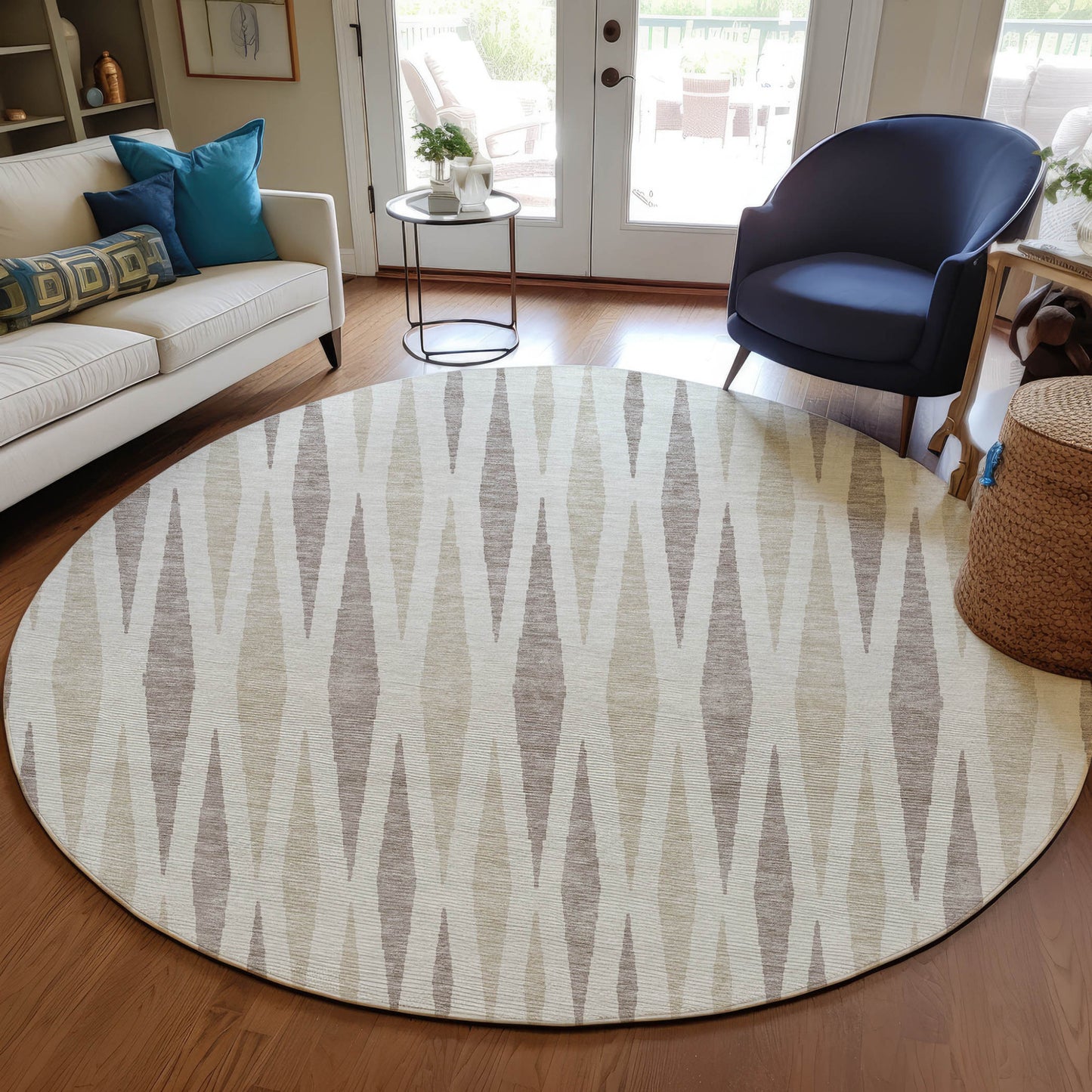 Tabselect Home Line 8' Ivory Brown And Beige Round Geometric Washable Indoor Outdoor Area Rug