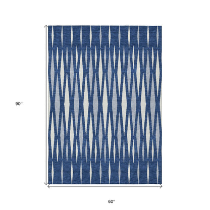 Tabselect Home Line 5' X 8' Navy Blue Gray And Ivory Geometric Washable Indoor Outdoor Area Rug
