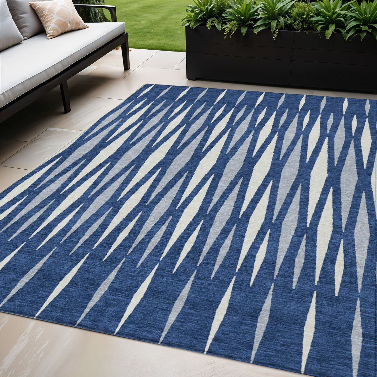 Tabselect Home Line 5' X 8' Navy Blue Gray And Ivory Geometric Washable Indoor Outdoor Area Rug