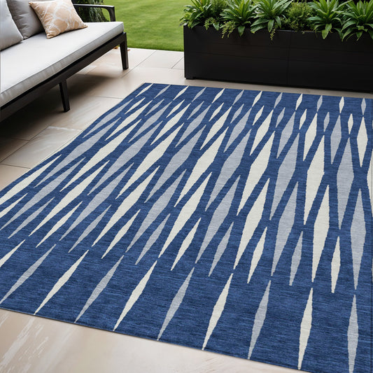 Tabselect Home Line 5' X 8' Navy Blue Gray And Ivory Geometric Washable Indoor Outdoor Area Rug