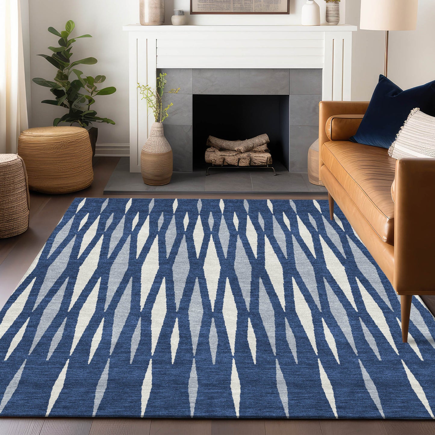 Tabselect Home Line 5' X 8' Navy Blue Gray And Ivory Geometric Washable Indoor Outdoor Area Rug