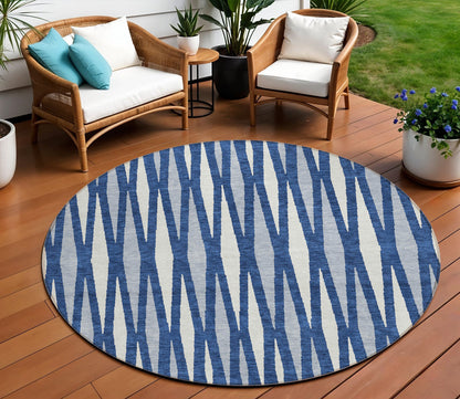Tabselect Home Line 8' Navy Blue Gray And Ivory Round Geometric Washable Indoor Outdoor Area Rug