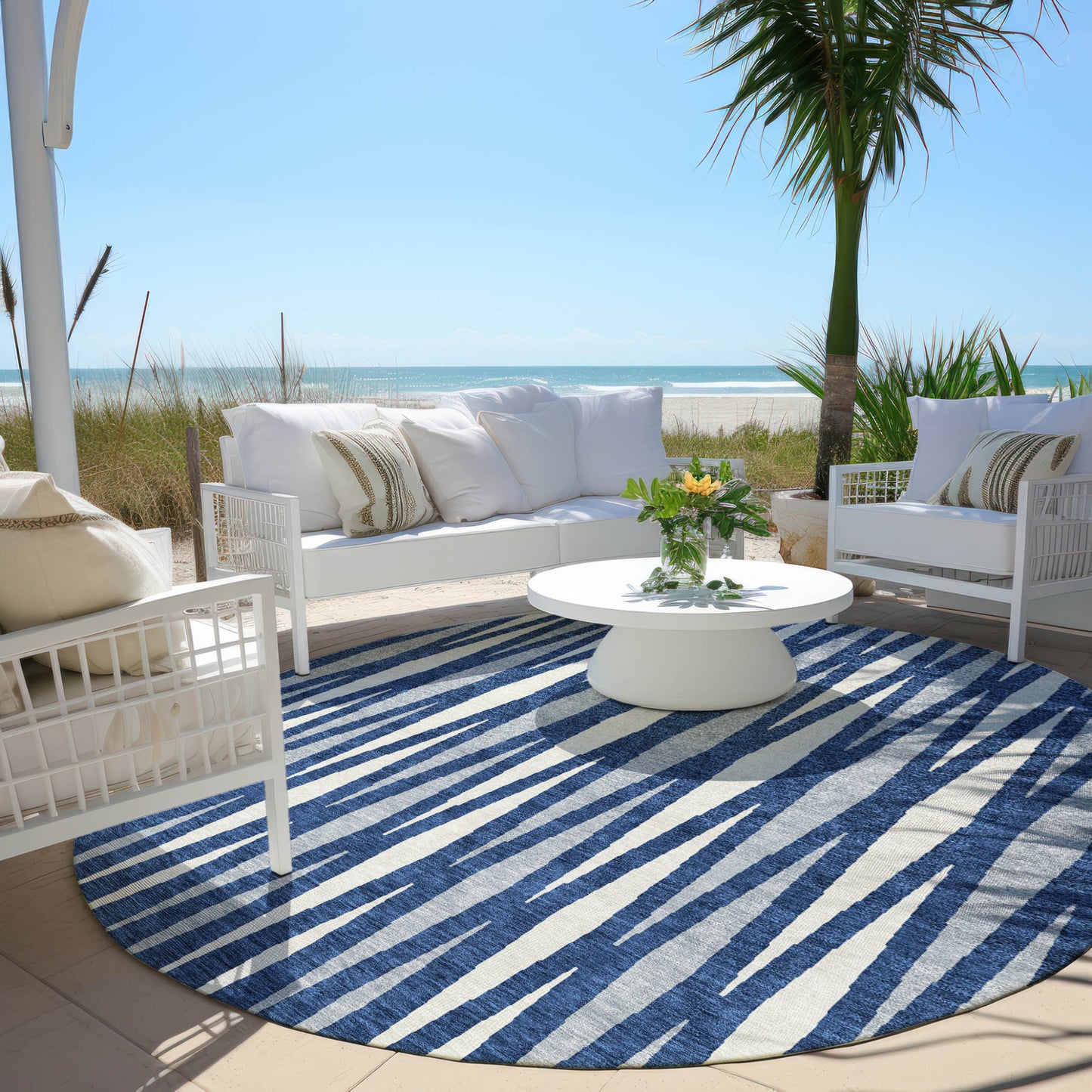 Tabselect Home Line 8' Navy Blue Gray And Ivory Round Geometric Washable Indoor Outdoor Area Rug