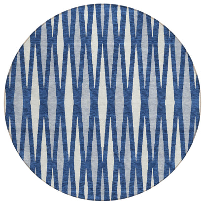 Tabselect Home Line 8' Navy Blue Gray And Ivory Round Geometric Washable Indoor Outdoor Area Rug
