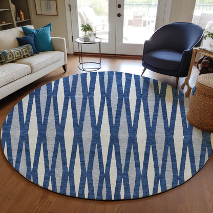 Tabselect Home Line 8' Navy Blue Gray And Ivory Round Geometric Washable Indoor Outdoor Area Rug