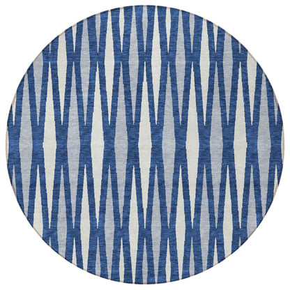Tabselect Home Line 8' Navy Blue Gray And Ivory Round Geometric Washable Indoor Outdoor Area Rug