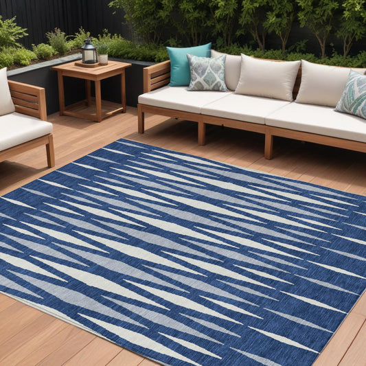 Tabselect Home Line 8' X 10' Navy Blue Gray And Ivory Geometric Washable Indoor Outdoor Area Rug