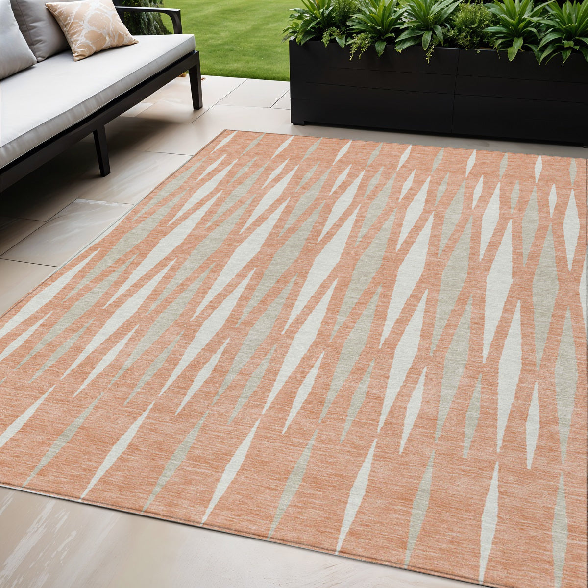 Tabselect Home Line 5' X 8' Salmon Gray And Ivory Geometric Washable Indoor Outdoor Area Rug