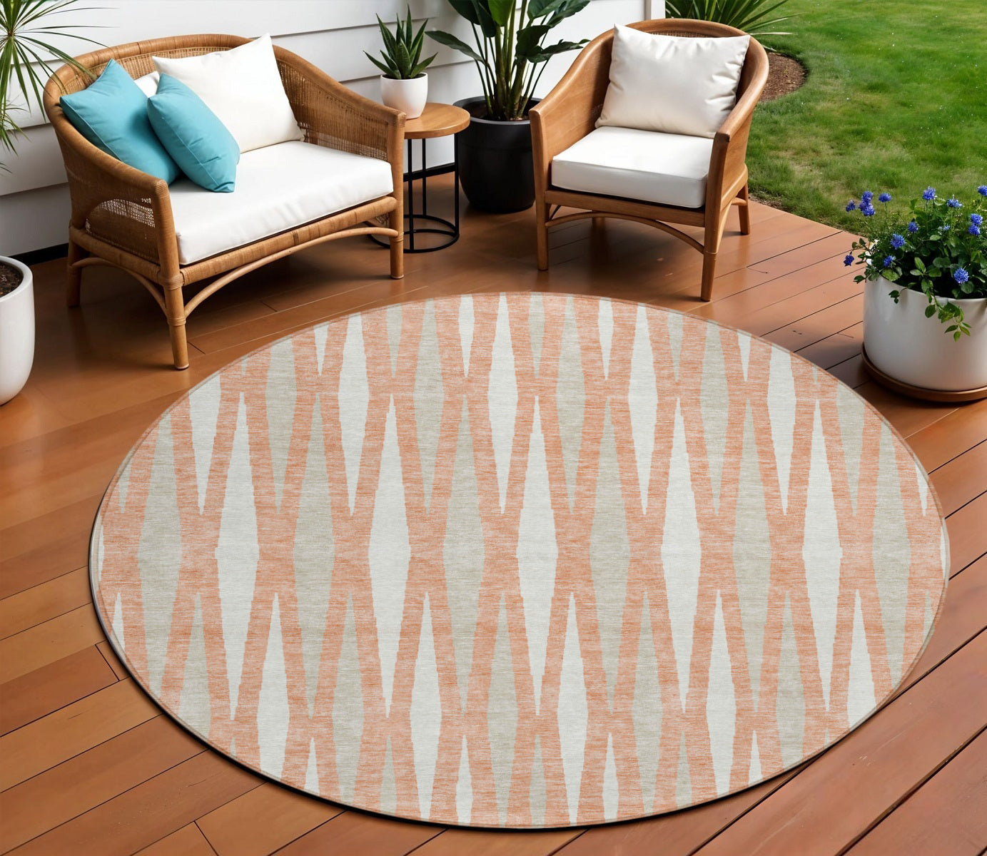 Tabselect Home Line 8' Salmon Gray And Ivory Round Geometric Washable Indoor Outdoor Area Rug