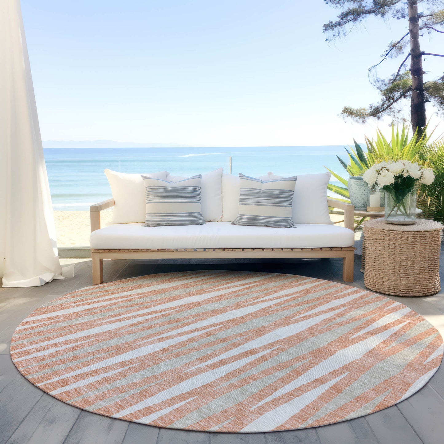 Tabselect Home Line 8' Salmon Gray And Ivory Round Geometric Washable Indoor Outdoor Area Rug