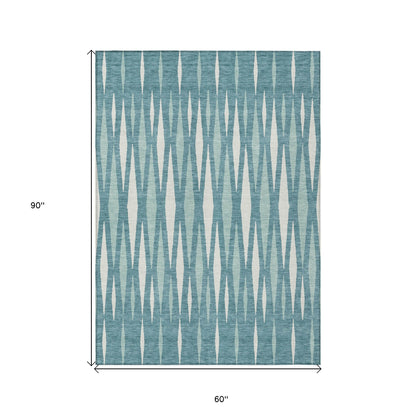 Tabselect Home Line 5' X 8' Teal Blue And Ivory Geometric Washable Indoor Outdoor Area Rug