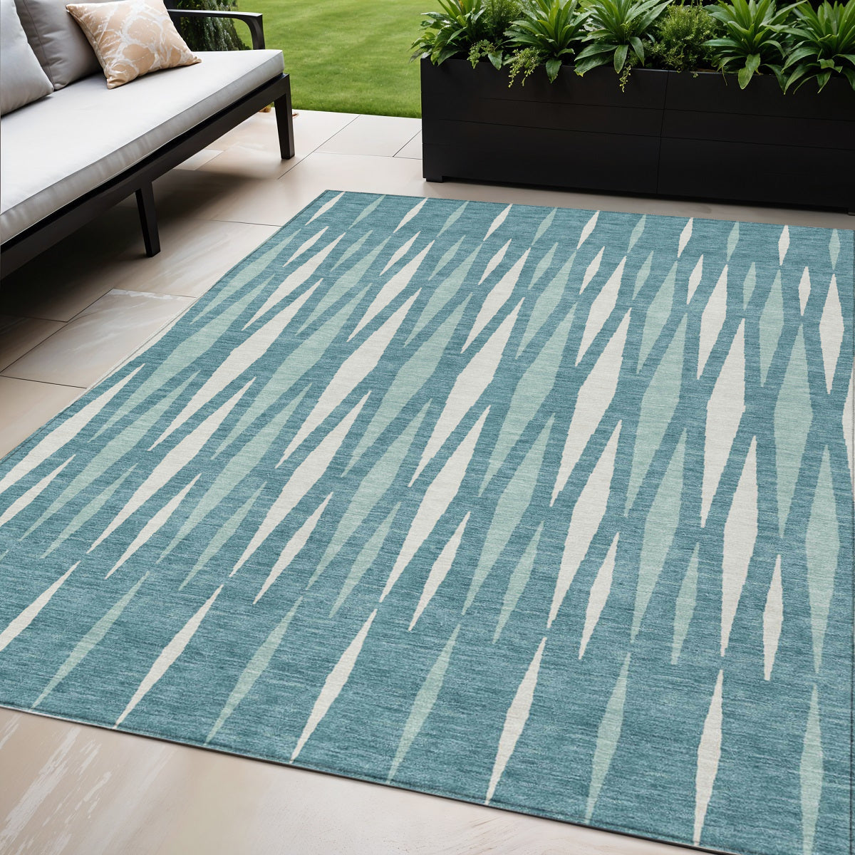 Tabselect Home Line 5' X 8' Teal Blue And Ivory Geometric Washable Indoor Outdoor Area Rug