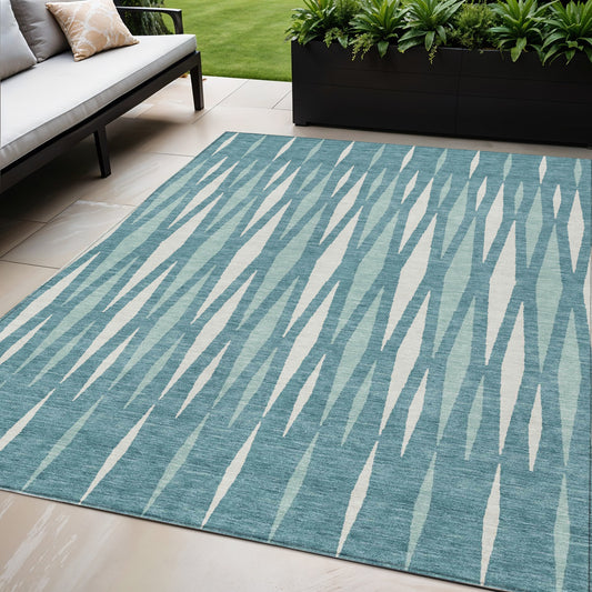 Tabselect Home Line 5' X 8' Teal Blue And Ivory Geometric Washable Indoor Outdoor Area Rug