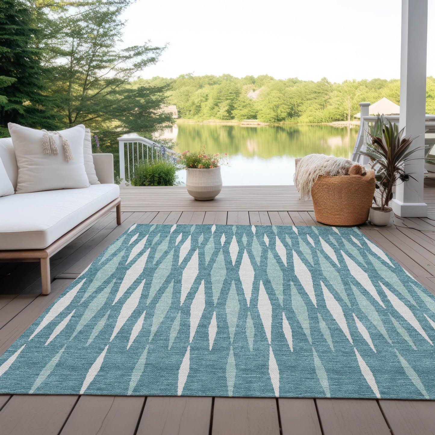 Tabselect Home Line 5' X 8' Teal Blue And Ivory Geometric Washable Indoor Outdoor Area Rug