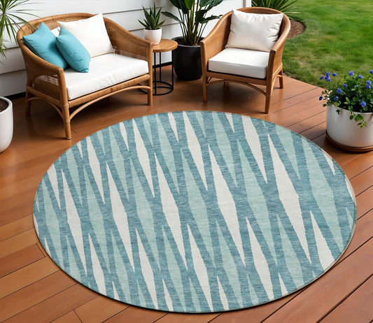 Tabselect Home Line 8' Teal Blue And Ivory Round Geometric Washable Indoor Outdoor Area Rug