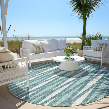 Tabselect Home Line 8' Teal Blue And Ivory Round Geometric Washable Indoor Outdoor Area Rug